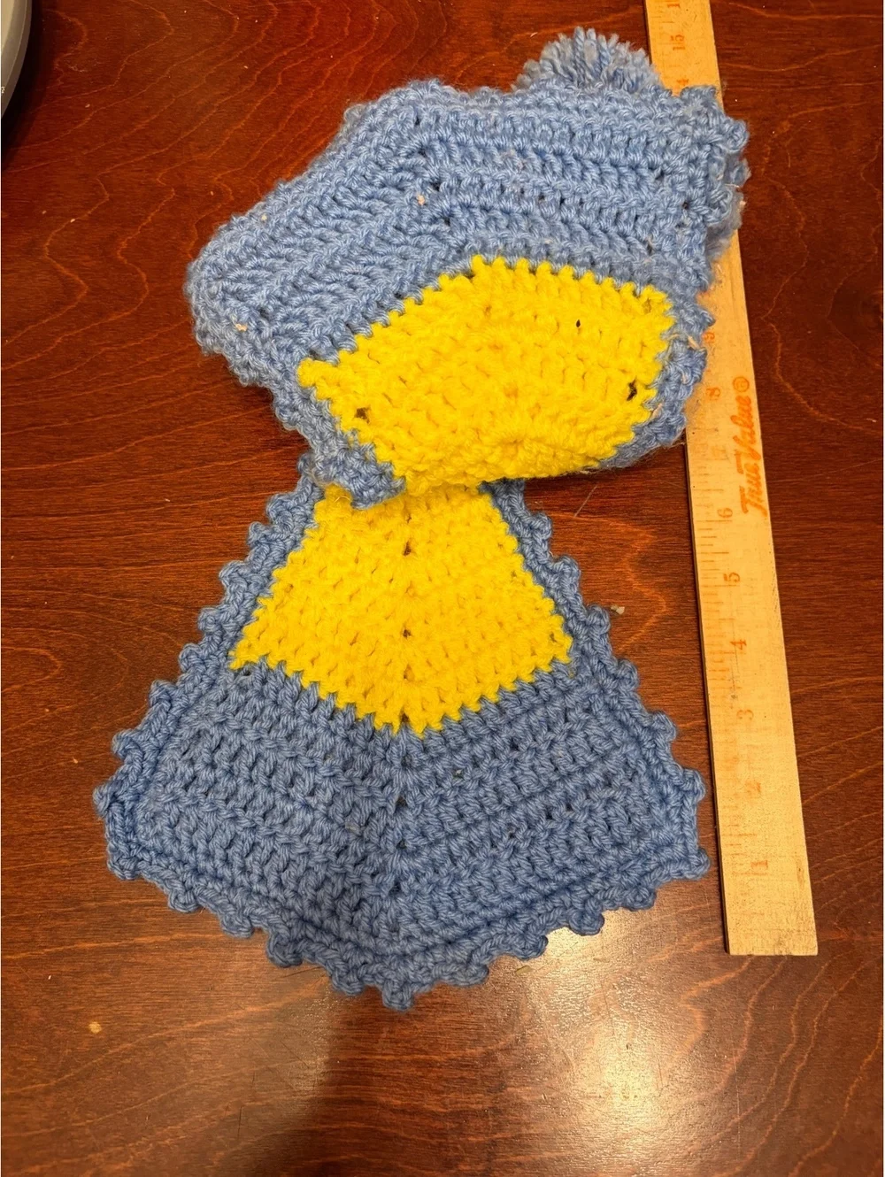 Handcrafted Blue and Yellow Crochet Kitchen Towel with Pom-Pom